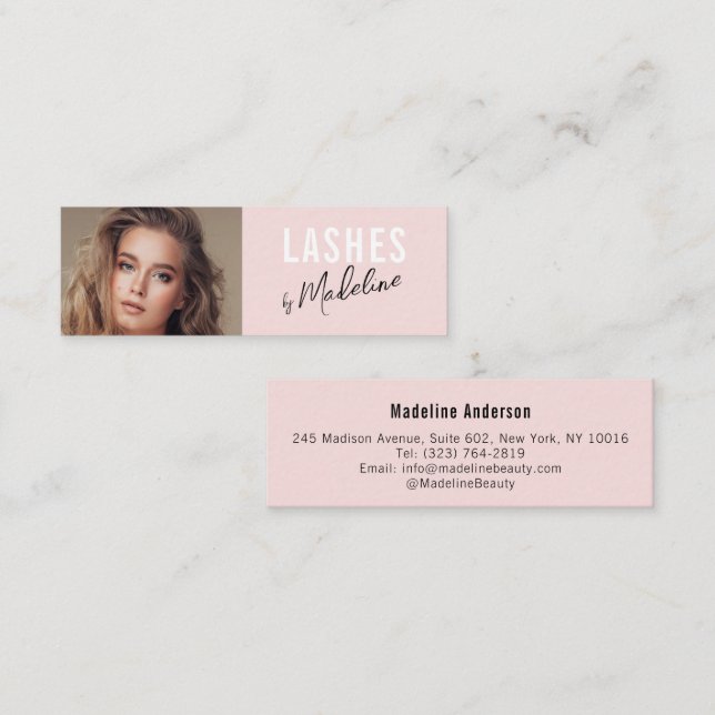 Blush Pink Black Script Photo Makeup Mini Business Card (Front/Back)