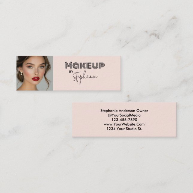 Blush Pink Black Script Photo Makeup Mini Business Card (Front/Back)