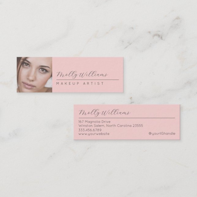 Blush Pink Black Script Photo Makeup Mini Business Mini Business Card (Front/Back)