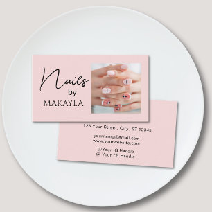Blush Pink Black Script Photo Nail Artist Business Card