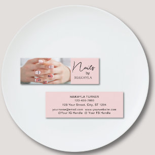 Blush Pink Black Script Photo Nail Artist Mini Business Card