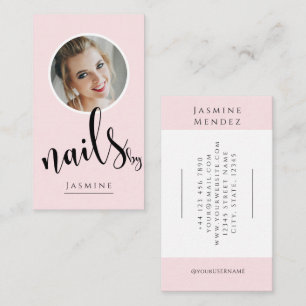 Blush Pink Black Script Photo Nails Specialist Business Card