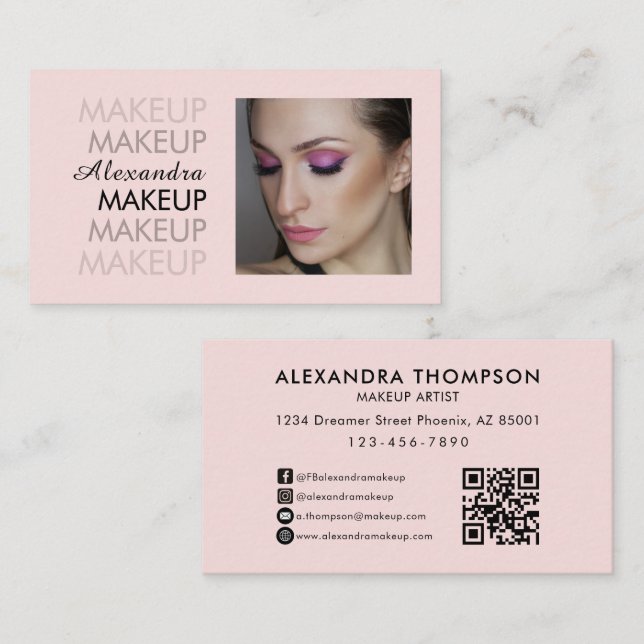 Blush Pink Black Script Photo Qr Code Makeup Business Card (Front/Back)