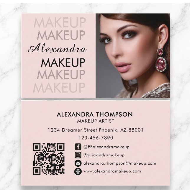 Blush Pink Black Script Photo Qr Code Social Icon Business Card (Creator Uploaded)