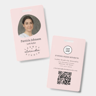 Blush Pink Black Script Photo QR Lashes Staff Badge