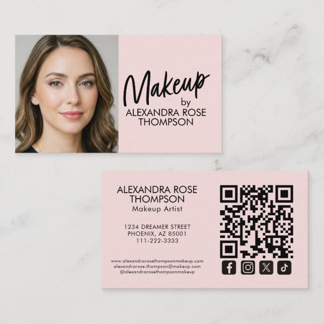 Blush Pink Black Script Qr Code Social Icon Makeup Business Card (Front/Back)