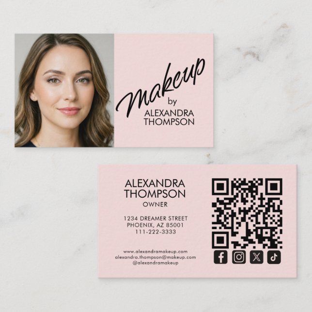 Blush Pink Black Script Qr Code Social Icon Makeup Business Card (Front/Back)