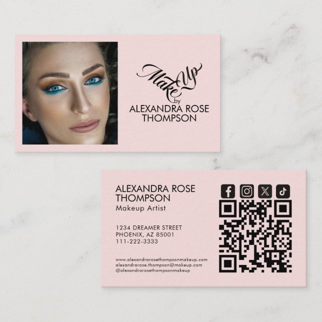 Blush Pink Black Script Qr Code Social Icon Makeup Business Card (Front/Back)