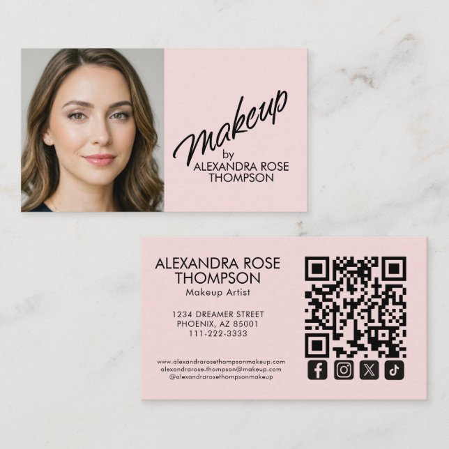 Blush Pink Black Script Qr Code Social Icon Makeup Business Card (Front/Back)