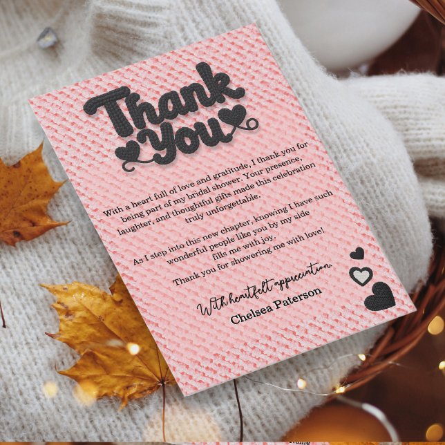 Blush Pink Black Script Typography Bridal Shower  Thank You Card (Creator Uploaded)