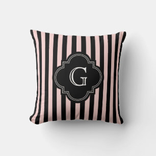 Blush Pink, Black Stripe Pattern Monogram Throw Pillow