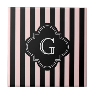 Blush Pink, Black Stripe Pattern Monogram Tile