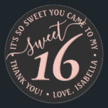 Blush Pink Black Sweet 16th Birthday Party Favour Classic Round Sticker<br><div class="desc">Add a chic and trendy finishing touch to envelopes and favours with these pink and black sweet 16th birthday party round stickers. Design features a girly blush pink handwritten style script typography on a modern black background. Text in a circle is simple to customize. These elegant labels make a stylish...</div>