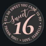 Blush Pink Black Sweet 16th Birthday Party Favour Classic Round Sticker<br><div class="desc">Add a chic and trendy finishing touch to envelopes and favours with these pink and black sweet 16th birthday party round stickers. Design features a girly blush pink handwritten style script typography on a modern black background. Text in a circle is simple to customize. These elegant labels make a stylish...</div>