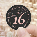 Blush Pink Black Sweet 16th Birthday Party Favour Classic Round Sticker<br><div class="desc">Add a chic and trendy finishing touch to envelopes and favours with these pink and black sweet 16th birthday party round stickers. Design features a girly blush pink handwritten style script typography on a modern black background. Text in a circle is simple to customize. These elegant labels make a stylish...</div>