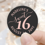 Blush Pink Black Sweet 16th Birthday Party Favour Classic Round Sticker<br><div class="desc">Add a chic and stylish finishing touch to envelopes and favours with these pink and black sweet 16th birthday party round stickers. Design features a girly blush pink hand written style script typography on a modern black background. Text in a circle is simple to customize. These elegant labels make a...</div>