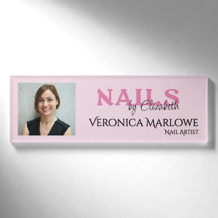 Blush Pink Black Typography Photo Nail Salon Name Tag