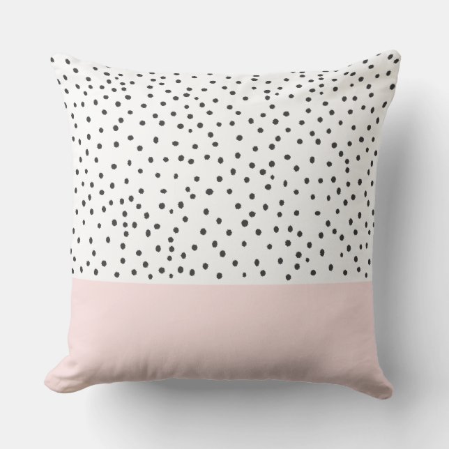 Blush pink black watercolor polka dots pattern throw pillow (Front)