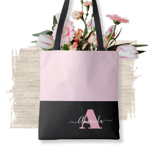 Blush Pink Black White Monogram Script Modern Tote Bag