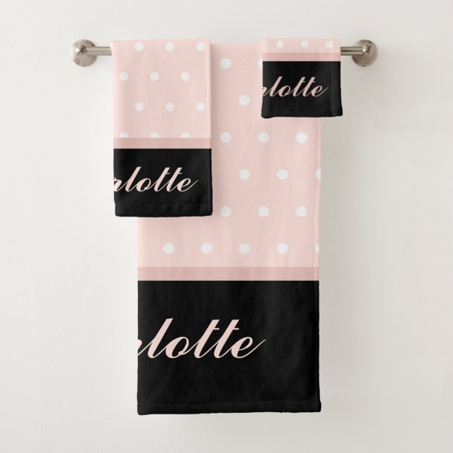 Blush Pink Black White Polka Dots Name Bath Towel Set (Insitu)