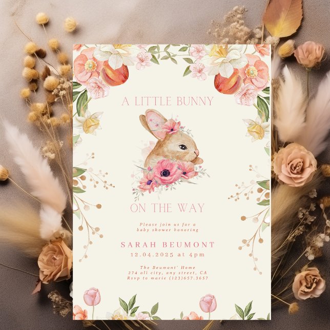 Blush pink bloom floral Bunny Baby Shower Invitation (Creator Uploaded)