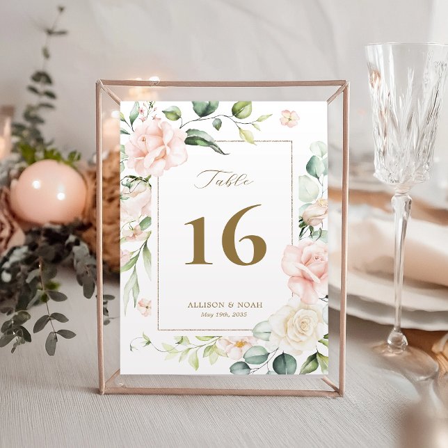 Blush Pink Bloom Gold Frame Wedding Table Number (Creator Uploaded)