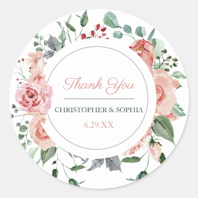 Blush Pink Bloom Romantic Wedding Thank You Classic Round Sticker (Front)