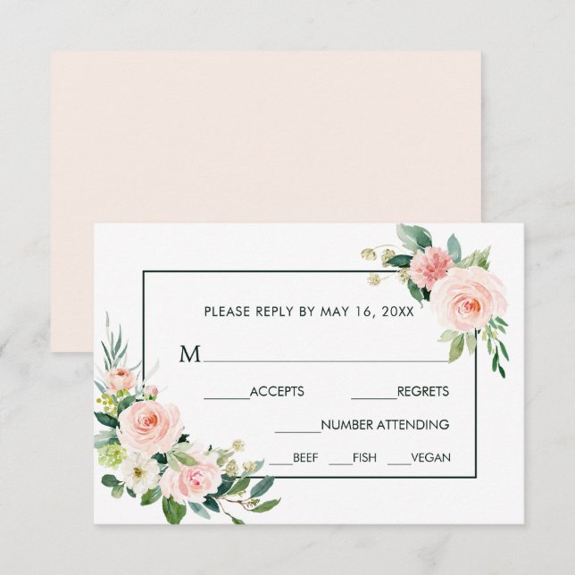 Blush Pink Bloom Wedding RSVP with Meal Choice (Front/Back)