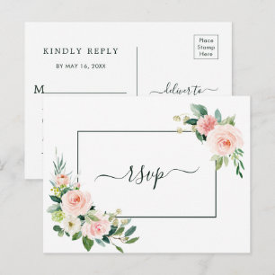 Blush Pink Bloom Wedding RSVP with Meal Choice Invitation Postcard