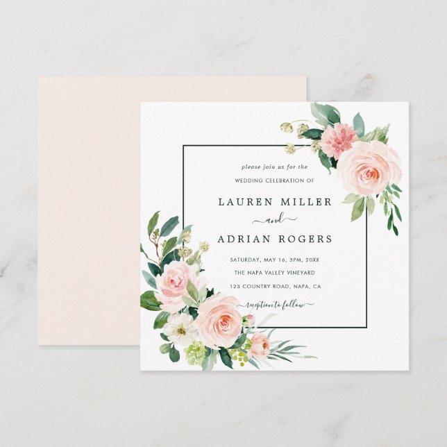 Blush Pink Bloom Wedding Square Invitation (Front/Back)