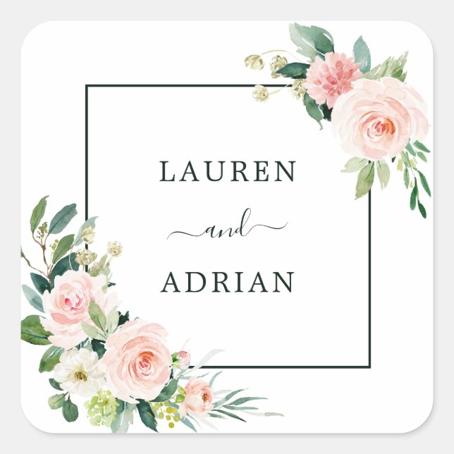 Blush Pink Bloom Wedding Square Sticker (Front)
