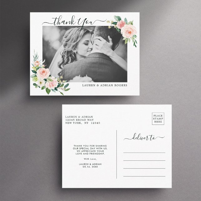 Blush Pink Bloom Wedding Thank You Photo Postcard (Front & Back)
