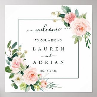 Blush Pink Bloom Wedding Welcome Square Sign