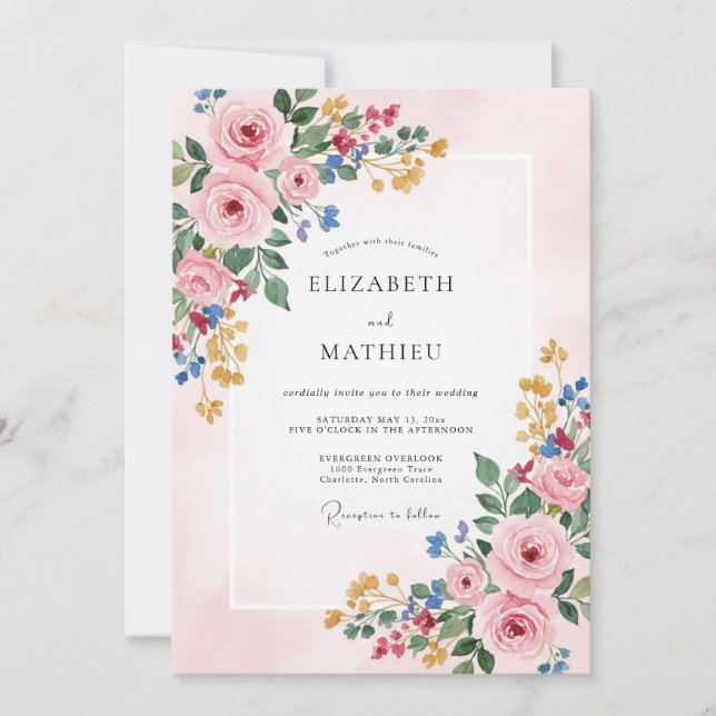 Blush Pink Blooming Floral Wedding Invitation (Front)