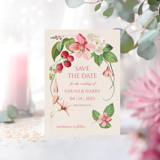 Blush Pink Blooming Garden Berries Save the Date Invitation (Creator Uploaded)