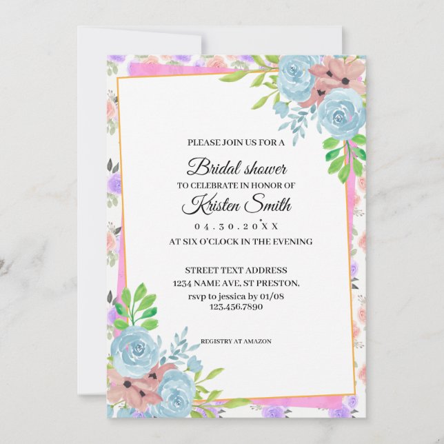 Blush Pink Blud Floral Bride shower Invitation (Front)