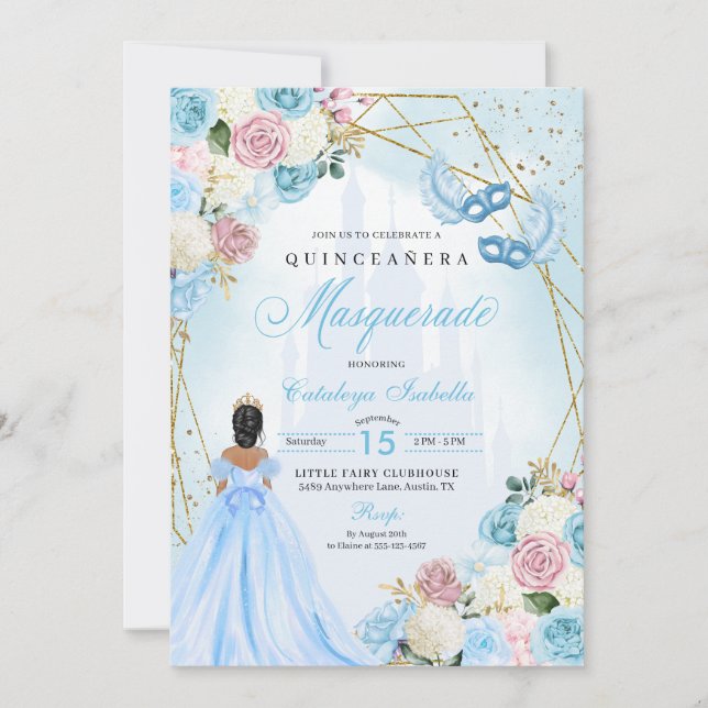 Blush Pink Blue Cinderella Masquerade Quinceanera Invitation (Front)