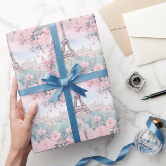 Blush Pink Blue Eiffel Tower Paris French Scenery Wrapping Paper