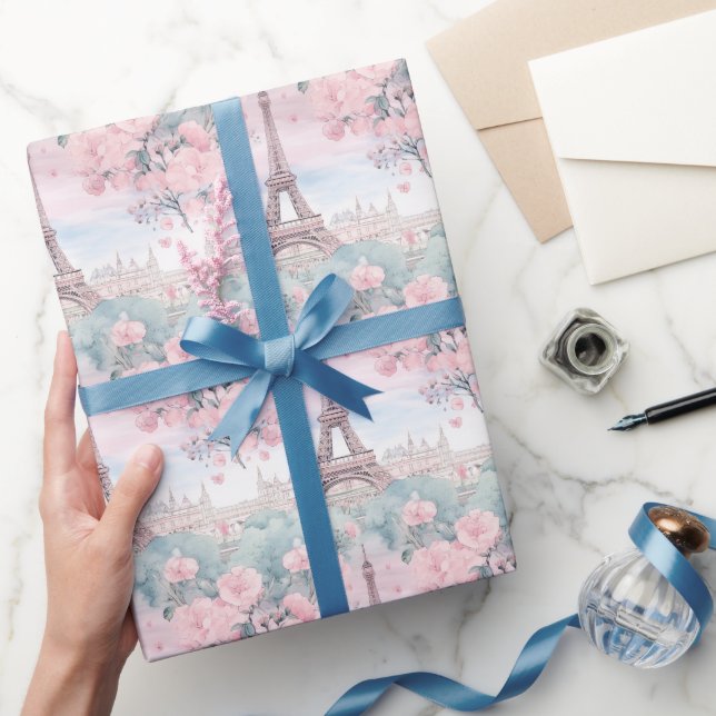 Blush Pink Blue Eiffel Tower Paris French Scenery Wrapping Paper (Gifting)