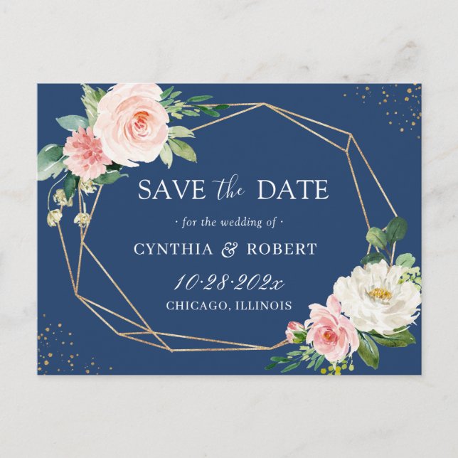Blush Pink Blue Floral Geometric Save the Date Postcard (Front)