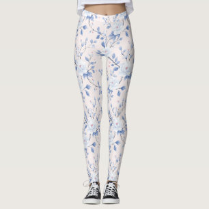 Blush Pink Blue Floral Hearts Leggings