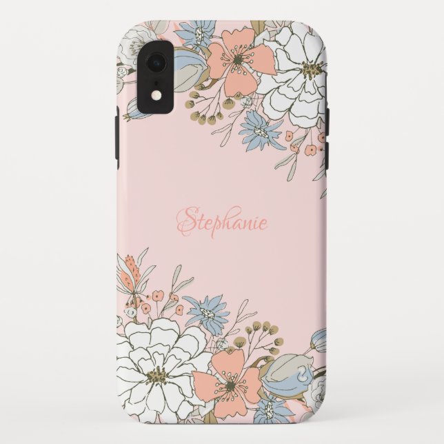 Blush Pink Blue Floral Personalized Case-Mate iPhone Case (Back)