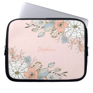 Blush Pink Blue Floral Personalized Laptop Sleeve