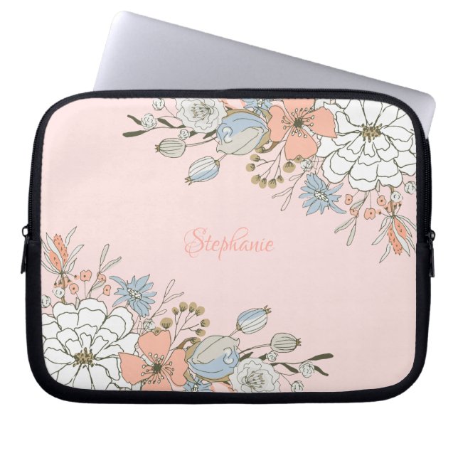 Blush Pink Blue Floral Personalized Laptop Sleeve (Front)