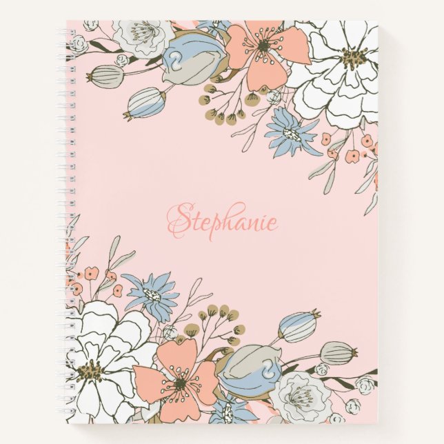 Blush Pink Blue Floral Personalized Notebook (Front)