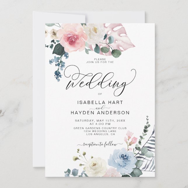 Blush Pink Blue Floral Tropical Beach Boho Wedding Invitation (Front)