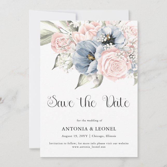 Blush Pink Blue Floral Wedding Save the date (Front)