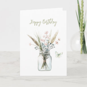 Blush Pink Blue Flowers in Jar Butterfly Birthday Card
