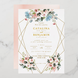Blush Pink Blue Geometric Gold Lettering Wedding