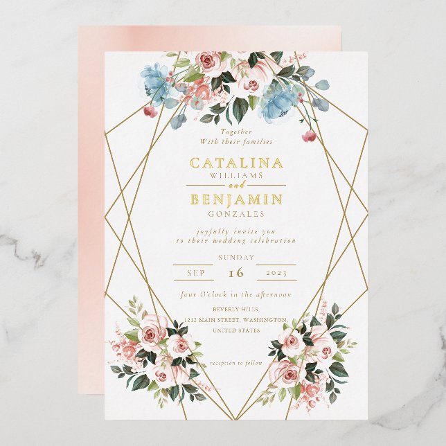 Blush Pink Blue Geometric Gold Lettering Wedding (Front/Back)